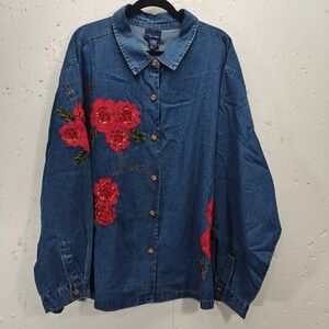 VTG CST Blues Top Womens 4X Blue‎ Chambray Denim Red Rose Applique 90s NWT